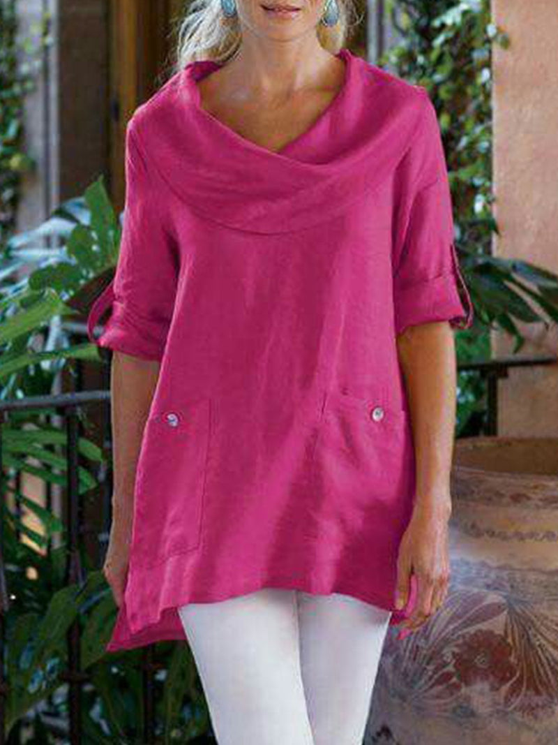 Pockets Long Sleeve Cowl Neck Cotton-Blend Shirt