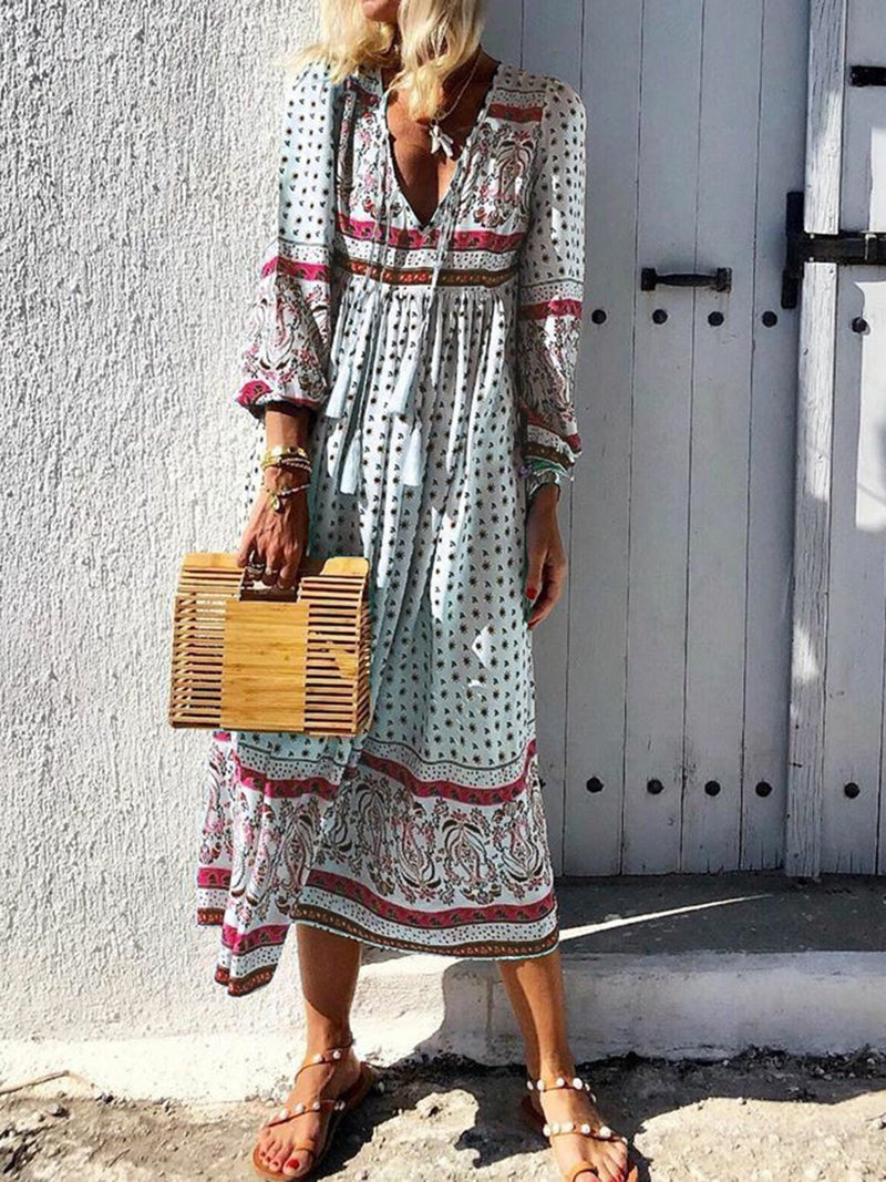 V-Neck Women Dresses Daytime Boho Paneled Dresses