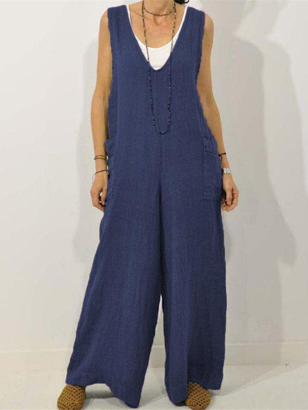 _rmelloser Unifarben Jumpsuit V-Ausschnitt