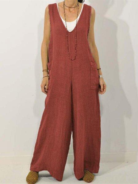 _rmelloser Unifarben Jumpsuit V-Ausschnitt