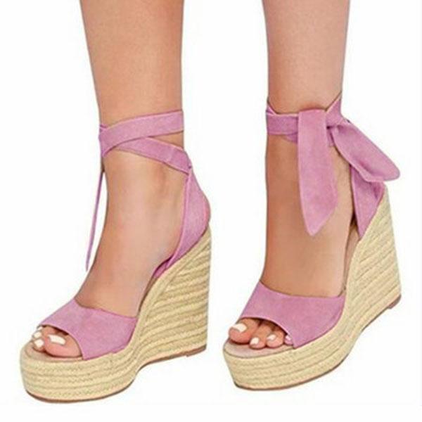 Women Flocking Wedge Sandals Casual Plus Size Lace Up Shoes