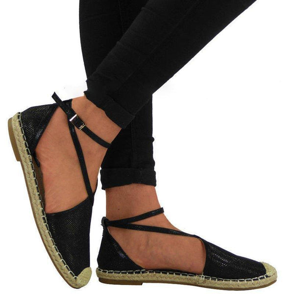 Women Flat Heel Espadrille Shoes Buckle Shining Sandals