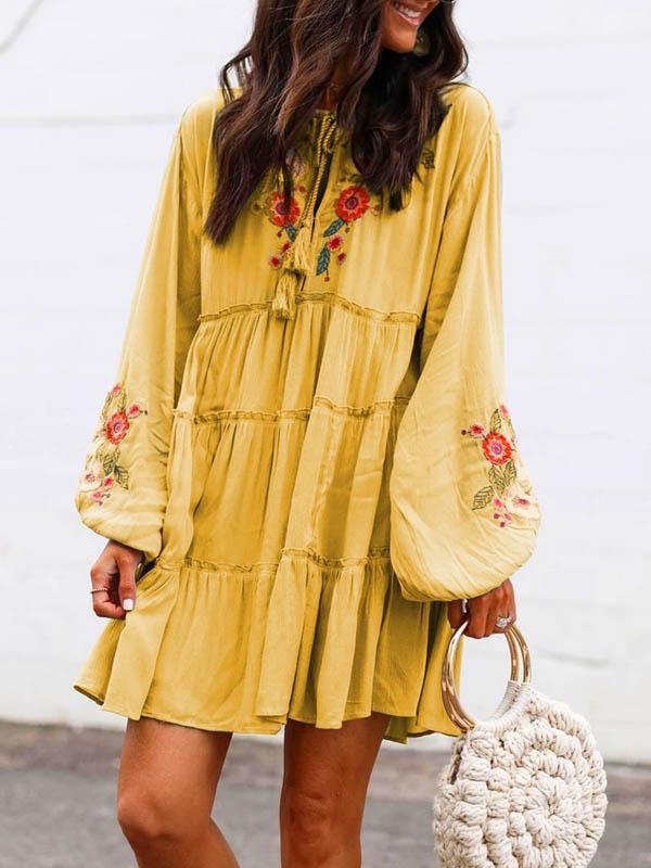 Plus Size Long Sleeve Floral Tassel Charm Elegant Casual Mini Dresses