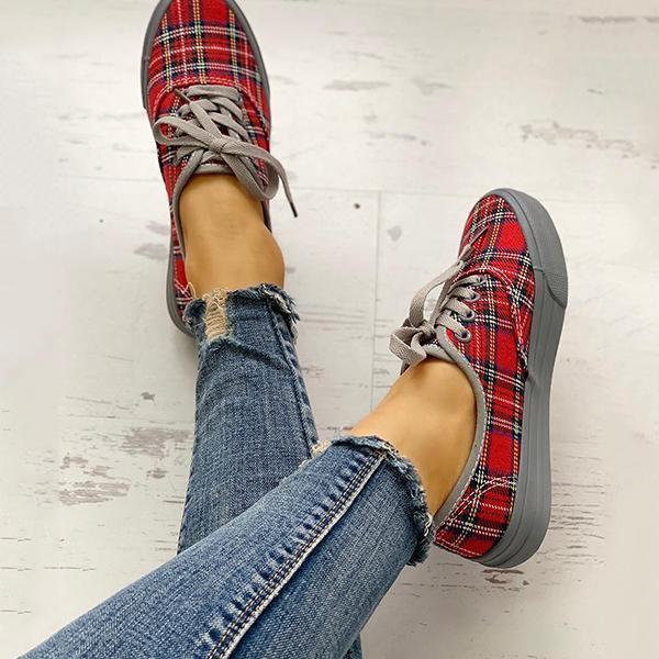 Women Casual Plaid Insert Lace-Up Casual Sneakers