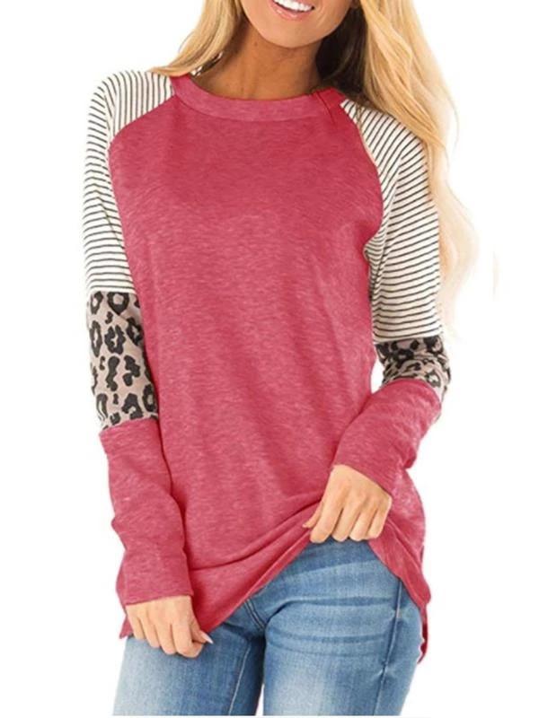 LEOPARD PRINT STRIPED ROUND COLLAR LONG SLEEVE T-SHIRTS