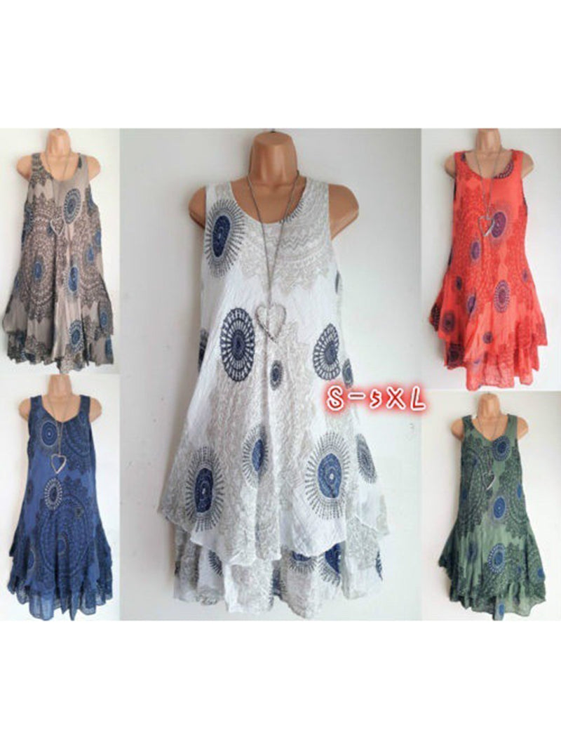 Women Sleeveless Causal Dresses Scoop Neckline Printed Dress