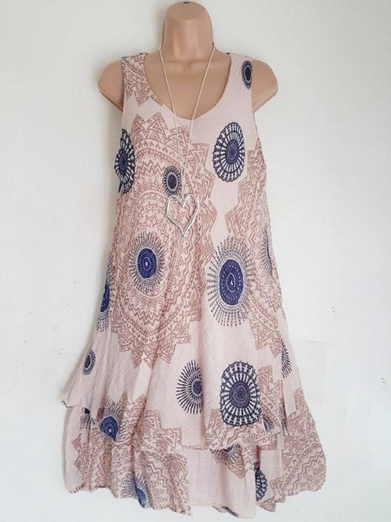 Women Sleeveless Causal Dresses Scoop Neckline Printed Dress