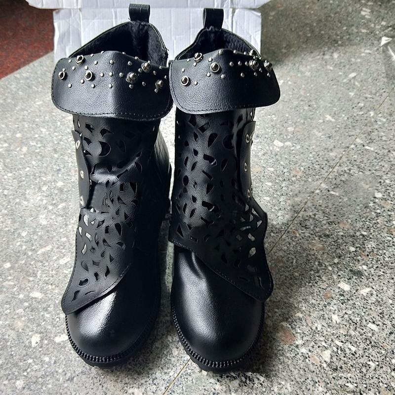 Women Studded Goth Zip Combat Ankle Boots Hollow Carved Tube Buckle Martin Boots